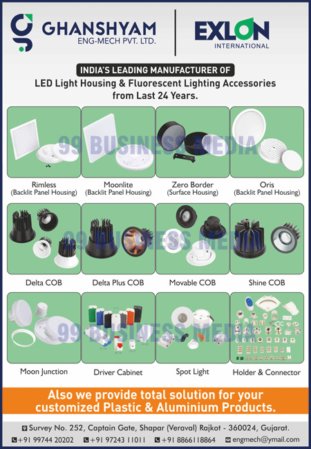 Fluorescent Lighting Fixtures, Led Lights, Industrial Components, Fluorescent Light Fixtures, Rimless Panels, Rimless Surfaces,  Moonlites, Zero Border Surface Lights, Moon Junctions, Driver Cabinets, Led Accessories, Holders, Connectors, Led Light Housings, Fluorescent  Lighting Accessories, Led Spot Light Housings, Led Spot Light Lenses, Led Cob Reflectors, Led Light Wire clips