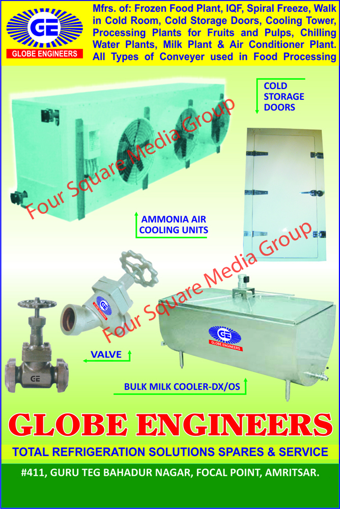 Ammonia Air Cooling Units, Cold Storage Doors, Valves, Bulk Milk Coolers, Frozen Food Plants, Spiral Freeze, Cooling Towers, Fruit Processing Plants, Pulp Processing Plants, Chilling Water Plants, Milk Plants, Air Conditioner Plants, Food Processing Conveyors, Refrigeration Solutions, Refrigeration Spares, Refrigeration Services