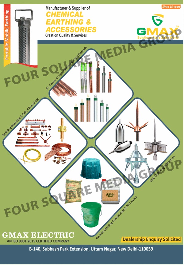 Earthing Electrodes, Earthing Accessories, GI Copper Bonded Earthing Electrodes, Copper Bonded Earthing Electrodes, ESE Lighting Protection Systems, Portable Mobile Earthings, Earthing Materials, Backfill Earthing Compounds, Earthing Pit Covers, Gel Earthing Grounding Systems, Chemical Earthings, Spike Lighting Conductors, Arrestors, Grounding Systems, Surge Arrestors, Earth Enhancing Compounds, Gel Earthing Electrodes, Gmax Railway Earthings, Reliance 4G Earthing Electrodes