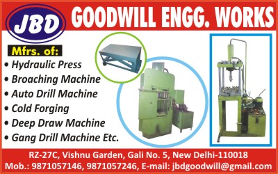 Hydraulic Presses, Broaching Machines, Auto Drill Machines, Cold Forgings, Deep Draw Machines, Gang Drill Machines