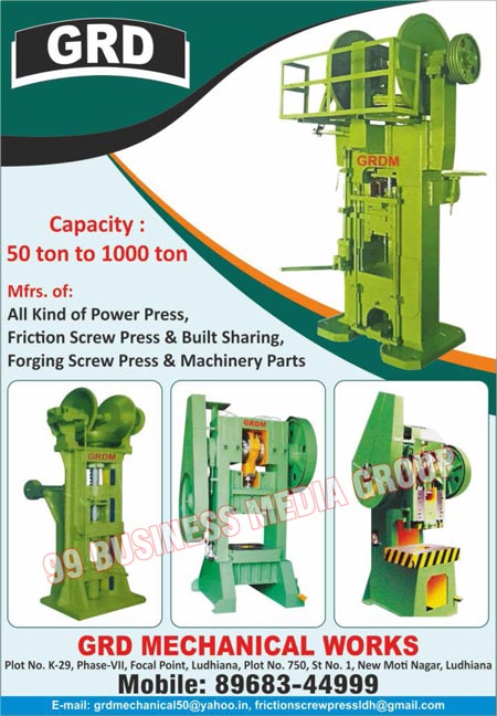 Friction Screw Press Machines, Built Sharing Machines, Forging Press Machines, Machinery Parts