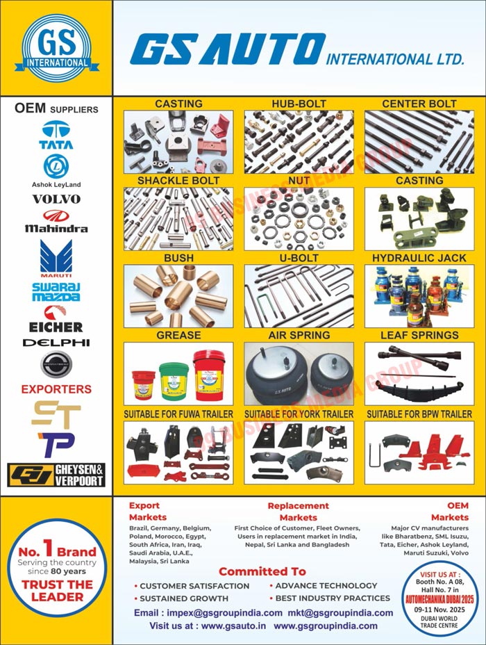 Castings, Hub Bolts, Center Bolts, Shackle Bolts, Nuts, Bushes, U Bolts, Hydraulic Jacks, Greases, Air Springs, Leaf Springs, Fuwa Trailer Suitables, York Trailer Suitables, Bpw Trailer Suitables