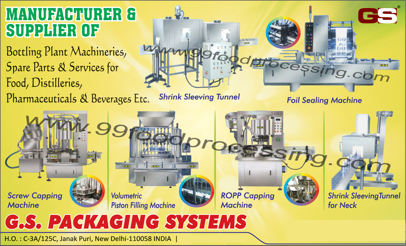 Bottling Plant Machines, Bottling Plant Machines Spare Parts, Shrink Sleeving Tunnel, Foil Sealing Machines, Screw Capping Machine, Volumetric Piston Filling Machines, ROPP Capping Machines, Neck Shrink Sleeving Tunnel