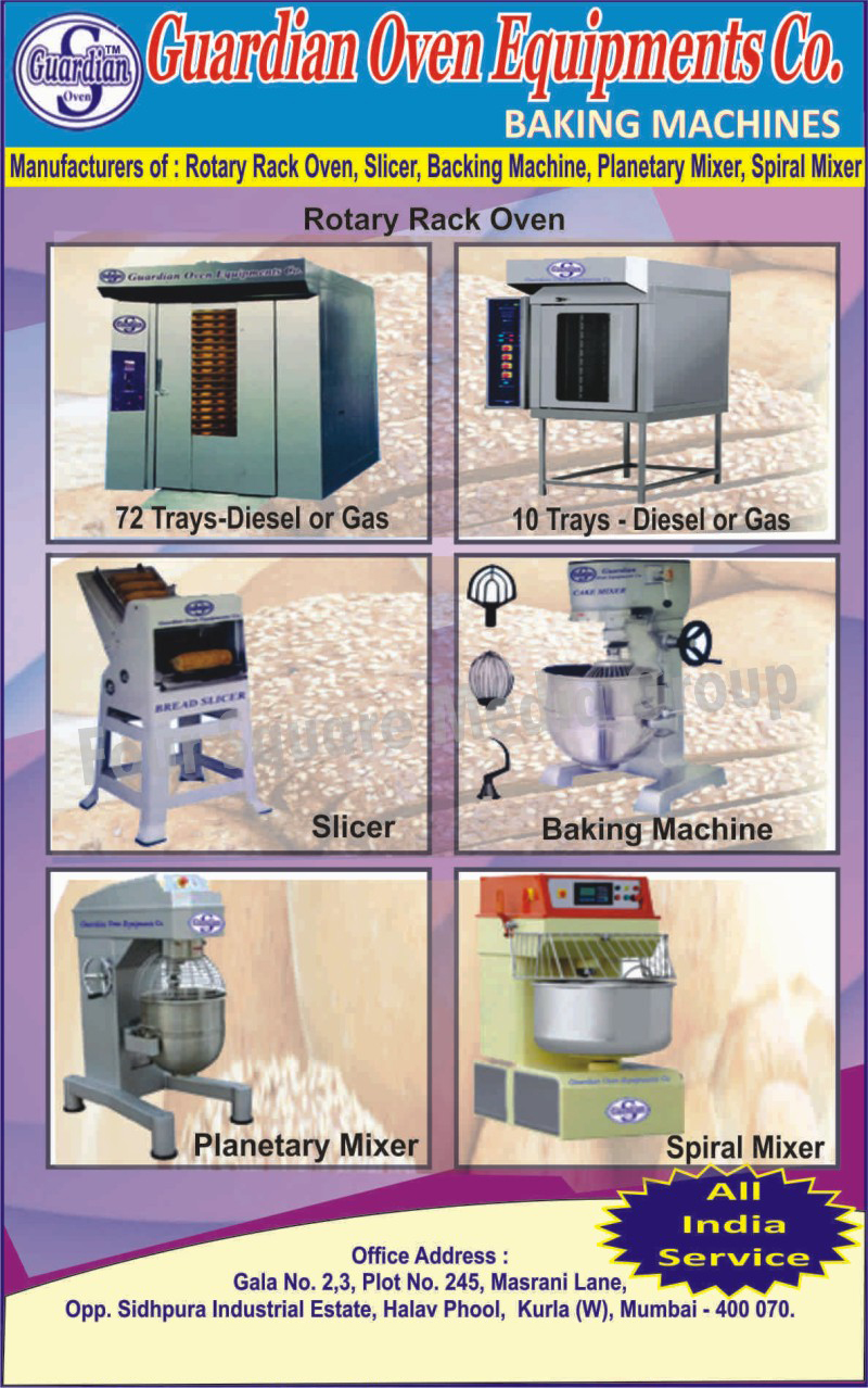 Rotary Rack Ovens, Slicers, Backing Machines, Baking Machines, Planetary Mixers, Spiral Mixers