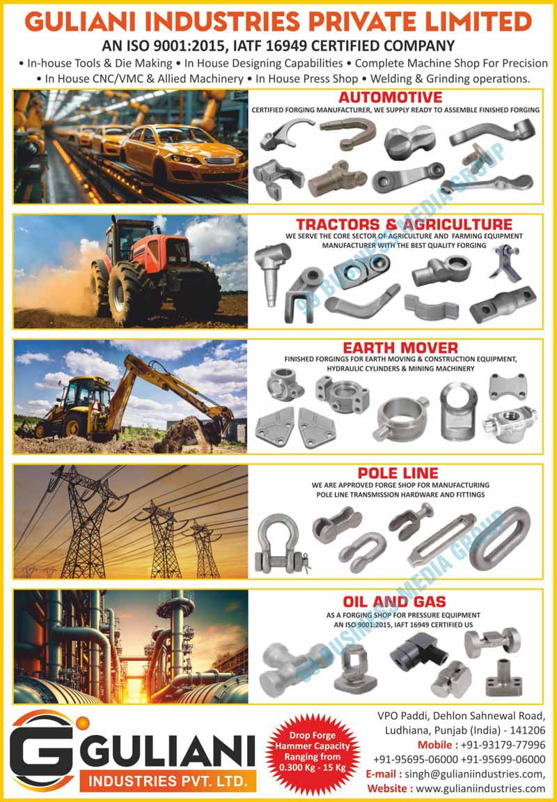 Automotive Forgings, Assemble Finished Forgings, Tractor Forgings, Agriculture Forgings, Agriculture Equipment Forgings, Farming Equipment Forgings, Earth Mover Forgings, Earth Moving Equipment Forgings, Construction Equipment Forgings, Hydraulic Cylinder Forgings, Mining Machinery Forgings, Pope Line Forgings, Pope Line Transmission Hardware Forgings, Pope Line Transmission Fitting Forgings, Oil Forgings, Gas Forgings, Pressure Equipment Forgings, Drop Forge Hammers