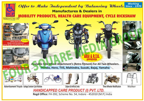 Two Wheeler Side Wheel Attachments, 2 Wheeler Side Wheel Attachments, Walker, Three Wheeler Modification Services, Calipers, Artificial Limbs, Garbage Container Cycle Rickshaw, Advertisement Tricycle, Brake And Accelerator Lever, Brake Lever Push, Accelerator Pull, Mobility Product Balancing Wheels, Health Care Equipment Balancing Wheels, Cycle Rickshaw Balancing Wheels, Balancing Wheels