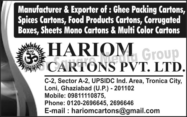 Ghee Packing Cartons, Spices Cartons, Food Product Cartons, Corrugated Boxes, Sheet Mono Cartons, Multi Colour Cartons, Masala Cartons