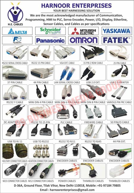 Cables, Communication Cables, Programming Cables, HMI Cables, Servo Encoder Cables, Power Cables, I/O Cables, Display Cables, Etherline Cables, Sensor Cables, Serial Cross Cables, 15 Pin Cables, VGA Extension Cables, 15 Pin 2 Row Cables, 25 Pin Cables, 37 Pin Cables, 44 Pin Cables, Lan Serial Cross Cables, USB 2.0 Extension Cables, USB 2.0 Printer Cables, Y Cables, Mini Din 4 Pin Cables, Mini Din 6 Pin Cables, Mini Din 8 Pin Cables, Various Pin FRC Cables, DC Adapter Cables, PLC Cables, Firewire Cables, 50 Pini/O Cables, USB Cables, 44 Pin Extension Cables, Military Connector Cables, Aviation Connector Cables, Encoder Cables, M23 Connector Cables, M12 Connector Cables, Thimbled Cables
