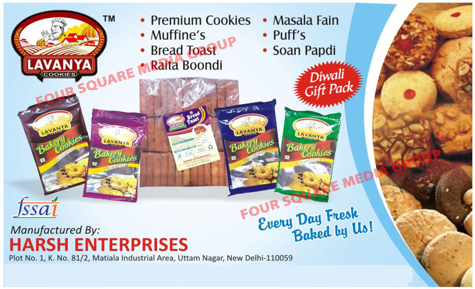 Cookies, Muffins, Bread Toast, Raita Boondi, Masala Fain, Puffs, Soan Papdi