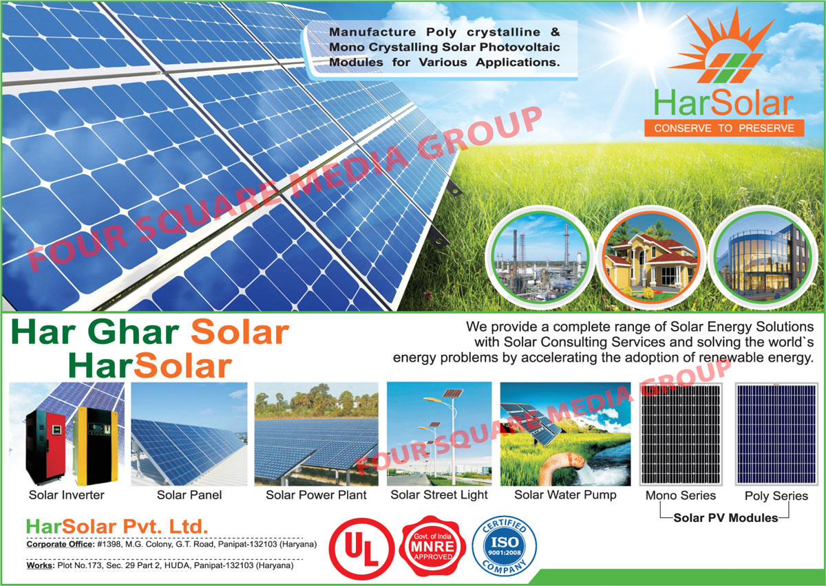 Polycrystalline Solar Photovoltaic Modules, Mono Crystalline Solar Photovoltaic Modules, Solar Inverters, Solar Panels, Solar Power Plant, Solar PV Modules, Solar Street Lights, Solar Water Pumps, Solar Batteries