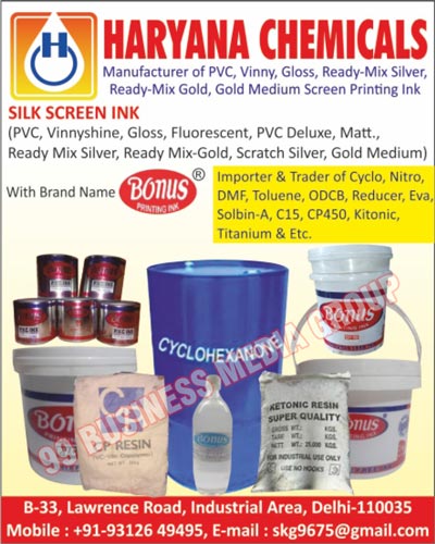 Silk Screen Inks, PVC Inks, Vinny Inks, Gloss Inks, Ready Mix Silver Inks, Ready Mix Gold Inks, Gold Medium Screen Printing Inks, Vinnyshine Inks, Fluorescent Inks, PVC Deluxe Inks, Matt Inks, Scratch Silver Inks, Gold Medium Inks, Screen Printing Inks, PVC Printing Inks, Printing Inks