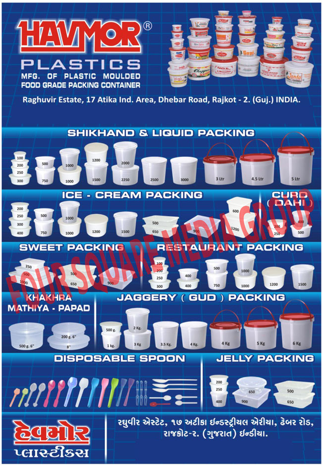 Plastic Moulded Food Packaging Containers, Industrial Grease Packings, Industrial Packings, Plastic Spoons, Caterer Plates, Soup Bowls, Hing Packings, Disposable Spoons, Ice Cream Packings, Til Patti Packings, Khakhara Packings, New Push Type Plastic Containers, Broad Type Plastic Containers, Square Type Plastic Containers, Bucket Containers, Plastic Til Patti Containers, Plastic Khakhra Containers, Plastic Sweet Boxes, Plastic Ice Cream Spoons, Thick Shake Glasses, Caterer Plates, Plastic Meal Spoons,Bowls, Caterers Plate, Container, Hing Packing Container, Til Patti Pack, Plates, Rus Gulla Container, Spoons, Sweet Box, Electrical Switch Boards, Dairy Product Packing Disposable