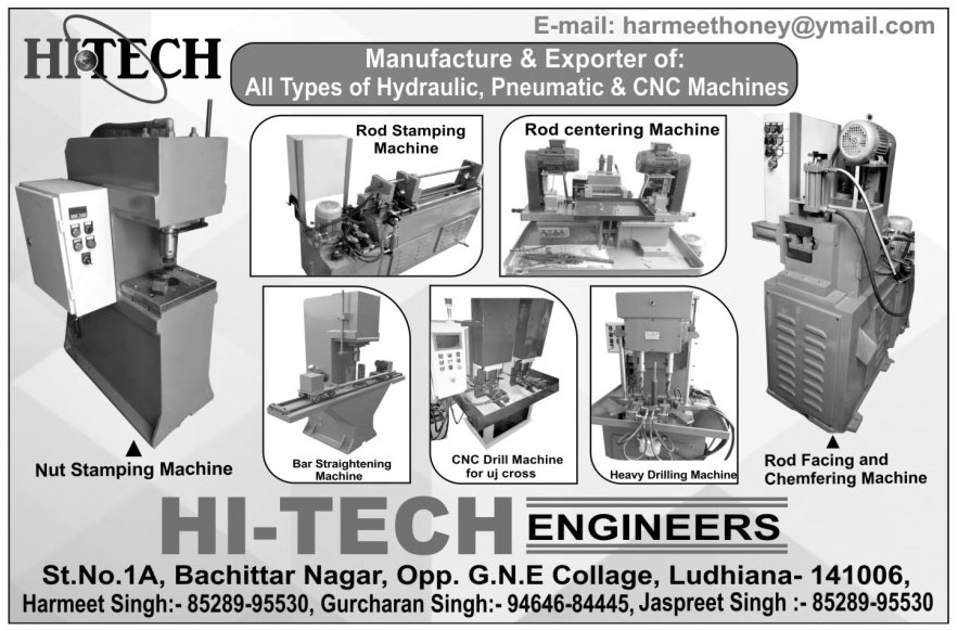 Hydraulic Machines, Pneumatic Machines, CNC Machines, Rod Stamping Machines, Rod Centering Machines, Nut Stamping Machines, Bar Straightening Machine, CNC Drill Machines, Heavy Drilling Machines, Rod Facing Chamfering Machines