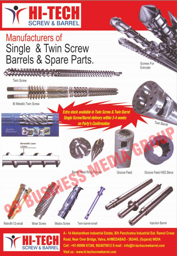 Single Screws, Twin Screws, Barrels, Barrel Spare Parts, BI Metallic Twin Screws, Barrel Head Ring Plugers, Groove Feeds, Groove Feed HSS Sleves, Retrofits, Mixer Screws, Medox Screws, Twin-Barrel-Smalls, Injection Barrels