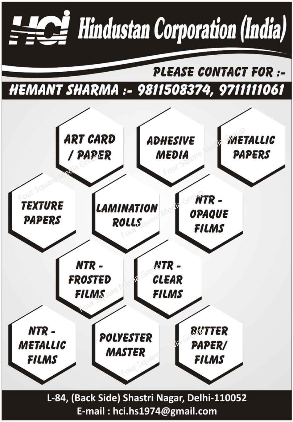 Art Card, Art Paper, Butter Paper, Butter Film, Polyester Master, NTR Metallic Film, NTR Clear Film, NTR Frosted Film, NTE Opaque Film, Lamination Roll, Texture Paper, Metallic Paper, Adhesive Media