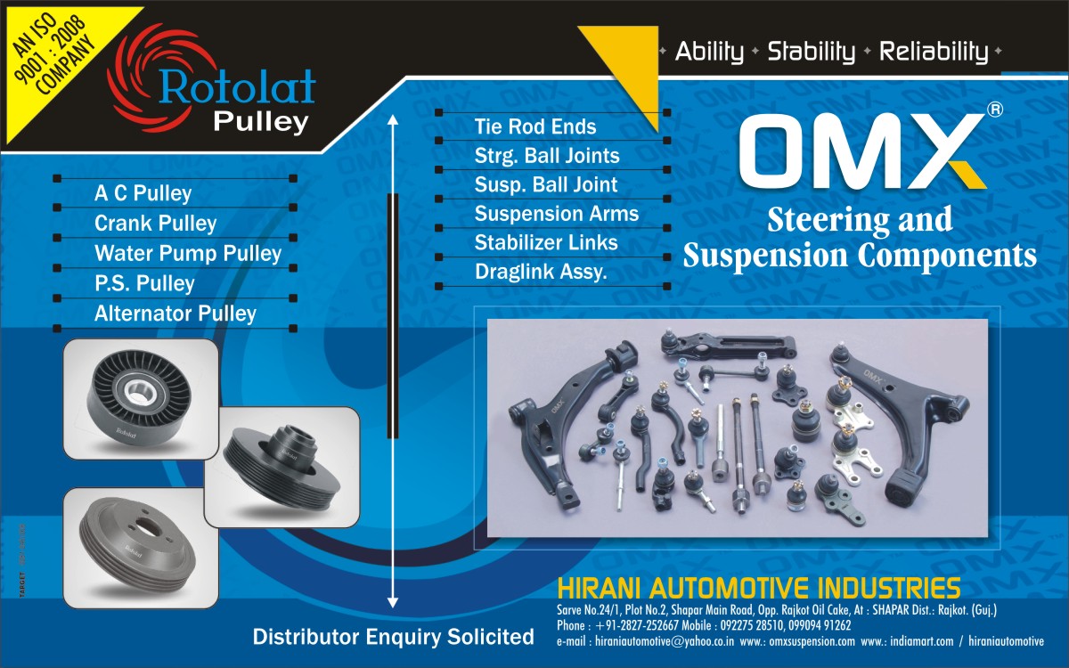 AC Pulleys, Crank Pulleys, Water Pump Pulleys, PS Pulleys, Alternator Pulleys, Pulleys, Tie Rod Ends, Steering Ball Joints, Suspension Ball Joints, Stabilizer Links, Drag Link Assembly, Steering Components, Suspension Components