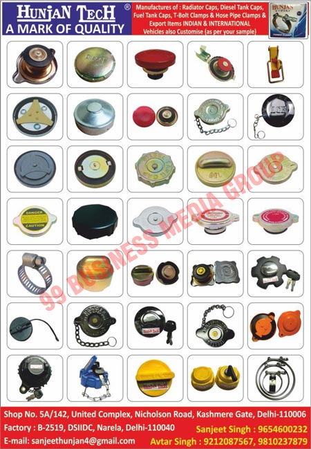 Radiator Caps, Diesel Tank Caps, Fuel Tank Caps, T-Bolt Clamps, Hose Pipe Clamps