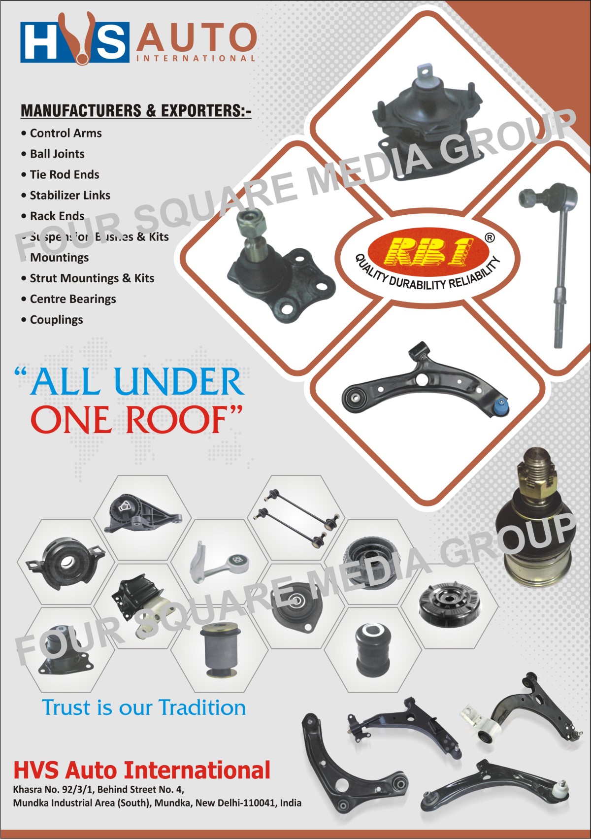 Control Arms, Ball Joints, Tie Rod Ends, Stabilizer Links, Rack Ends, Suspension Kits, Suspension Bushes, Mountings, Strut Mountings, Strut Kits, Centre Bearings, Couplings