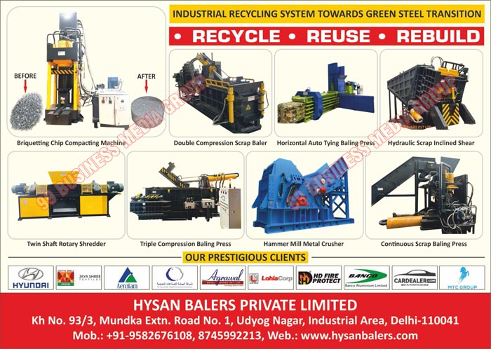 Recycling Solutions, Briquetting Chip Compacting Machines, Double Compression Scrap Baler Machines, Horizontal Auto Tying Baling Press Machines, Hydraulic Scrap Inclined Shear Machines, Twin Shaft Rotary Shredder Machines, Triple Compression Baling Press Machines, Hammer Mill Metal Crushers, Continuos Scrap Baling Press Machines