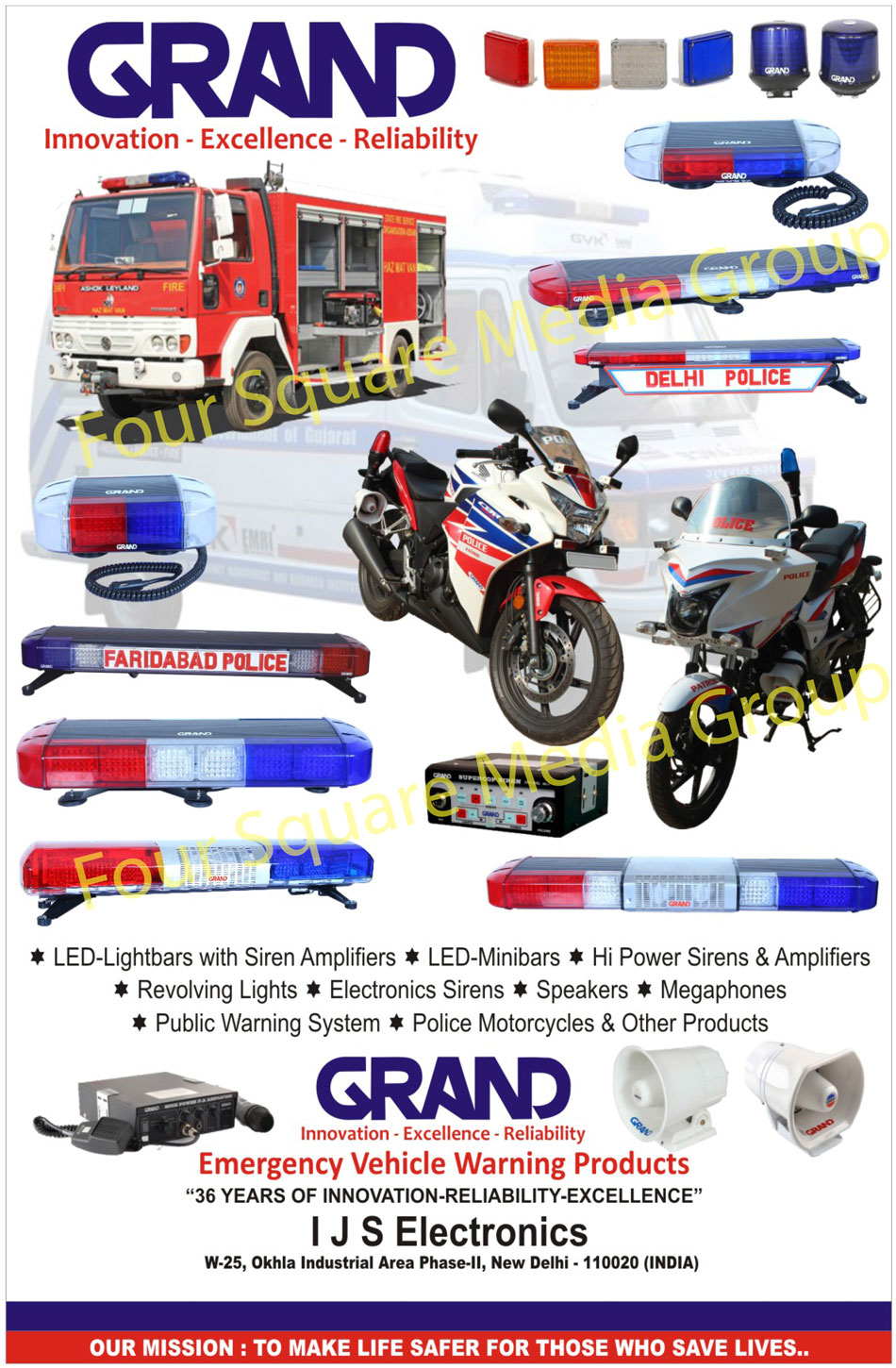 Led Light Bars, Led Mini Bars, Hi Power Sirens, Hi power Amplifiers, Revolving Lights, Electronic Sirens, Speakers, Megaphones, Public Warning Systems, Police Motorcycles, Emergency Vehicle Warning Products, Amplifiers