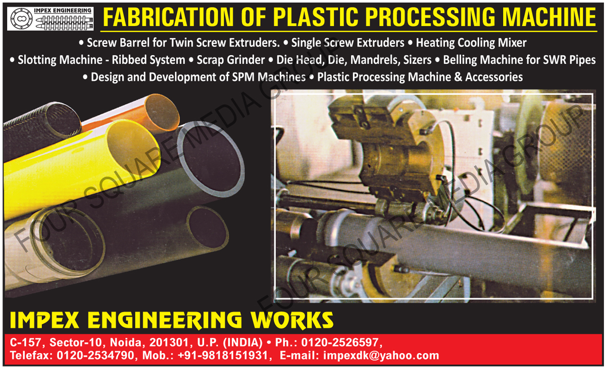 Screw Barrel For Twin Screw Extruders, Single Screw Extruders, Heating Cooling Mixers, Slotting Machines Ribbed Systems, Scrap Grinders, Die Heads, Plastic Dies, Mandrels, Sizers, Belling Machines For SWR Pipes, Special Purpose Machine Designing Services, Special Purpose Machine Development Services, Plastic Processing Machines, Plastic Processing Machine Accessories