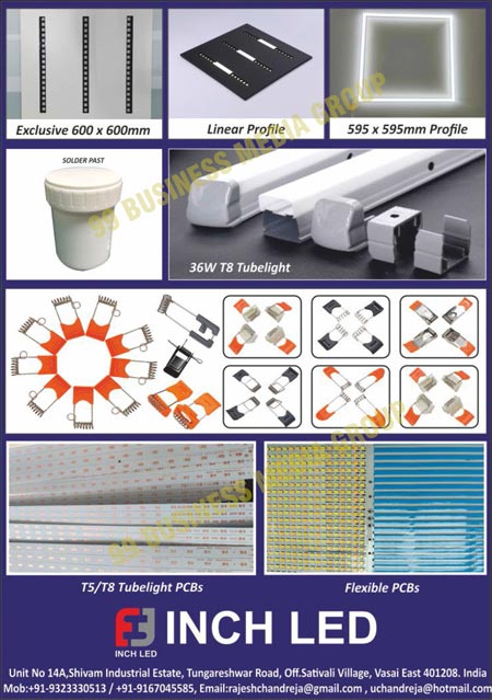 TubeLight PCBs, Flexible PCBs, Spring Clips, Connectors, Solder Pasts, DOB Bulbs, SKD Bulbs, Linear Profiles