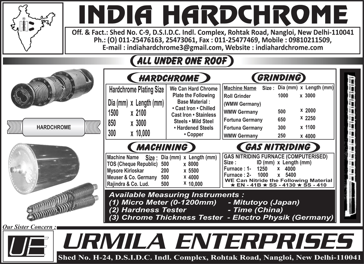 Hardchrome Plating, Hardchrome Machining, Roll Grinders, Gas Nitriding Furnaces, Micro Meter, Hardness Tester, Chrome Thickness Tester,Hardchrome, Hardchorme Plating, Machinery Services,Grinding, Gas Nitriding, Machining