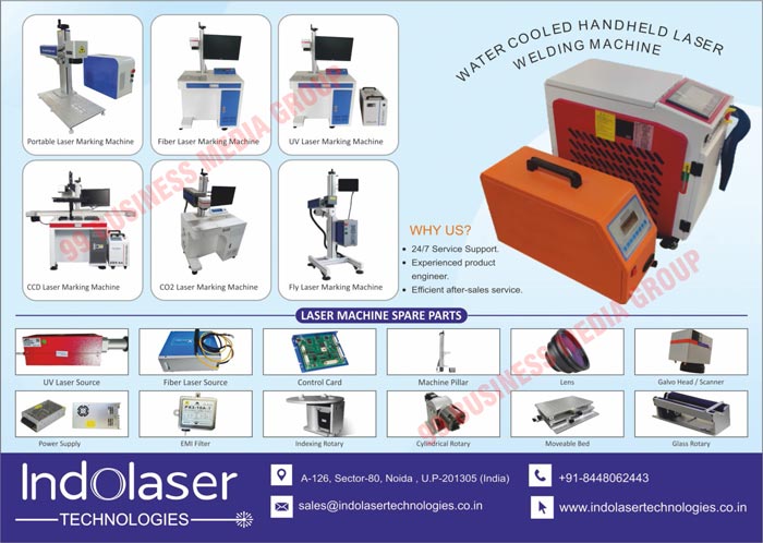 Portable Laser Marking Machines, Fiber Laser Marking Machines, UV Laser Marking Machines, CCD Laser Marking Machines, CO2 Laser Marking Machines, Fly Laser Marking Machines, Water Cooled Handheld Laser Welding Machines, Laser Machine Spare Parts, UV Laser Sources, Fiber Laser Sources, Control Cards, Machine Pillars, Lens, Galvo Heads, Galvo Scanners, Power Supplies, EMI Filters, Indexing Rotaries, Cylindrical Rotaries, Moveable Beds, Glass Rotaries