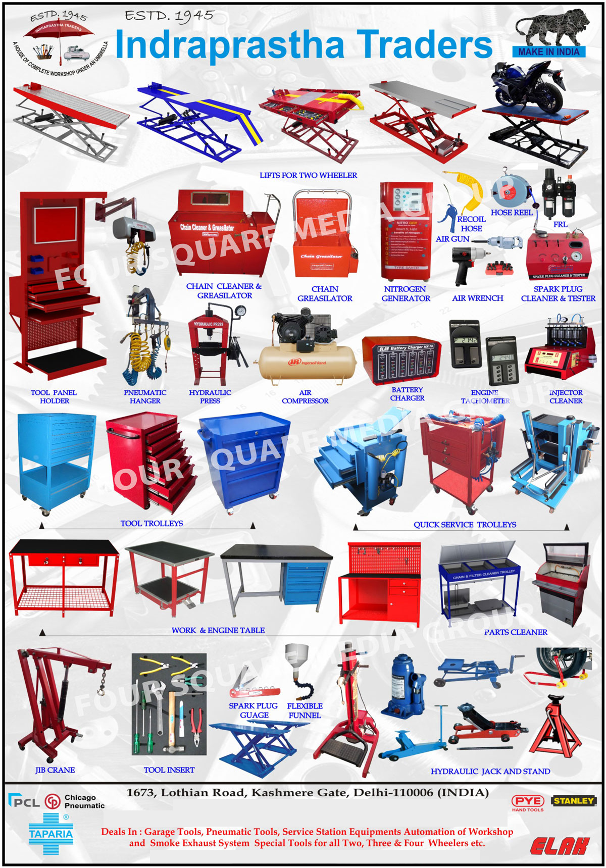 Garage Tools, Pneumatic Tools, Service Station Equipments, Workshop Automation, Smoke Exhaust System, Two Wheeler Tools, Three Wheeler Tools, Four Wheeler Tools, Two Wheeler Lifts, Tool Panel Holders, Pneumatic Hangers, Tool Trolley, Hydraulic Presses, Chain Cleaners, Chain Greasilators, Nitrogen Generator, Recoil Hose, Air Guns, Hose Reel, FRL, Spark Plug Cleaner, Spark Plug Tester, Air Compressors, Battery Chargers, Engine Tachometers, Injector Cleaners, Quick Service Trolley, Work Table, Engine Table, Chain Cleaner Trolley, Filter Cleaner Trolley, Jib Cranes, Tool Insert, Spark Plug Guage, Flexible Funnel, Hydraulic Jacks, Jack Stands