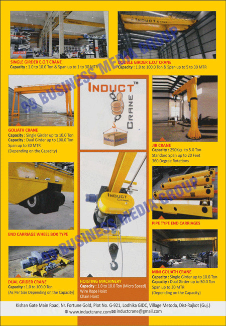 Single Girder E.O.T Cranes, Double Girder E.O.T Cranes, Goliath Cranes, JIb Cranes, End Carriage Wheel Box Types, Pipe Type End Carriages, Dual Girder Cranes, Mini Goliath Cranes 