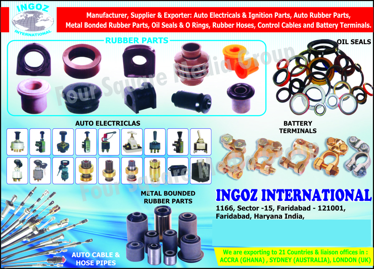 Automotive Electrical Parts, Automotive Ignition Parts, Automotive Rubber Parts, Oil Seals, O Rings, Automotive Rubber Hoses, Automotive Control Cables, Automotive Battery Terminals, Automotive Metal Bonded Rubber Parts, Automotive Cables, Automotive Hose Pipes,Ignition Parts, Rubber Hoses, Control Cables, Battery Terminals