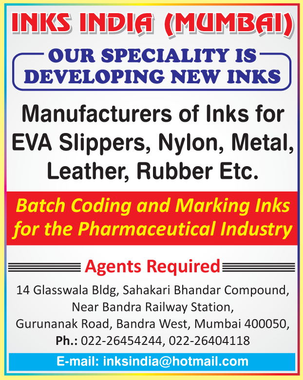 Inks, EVA Slipper Inks, Nylon Inks, Metal Inks, Leather Inks, Rubber Inks, Pharmaceutical Industry Batch Coding Inks, Pharmaceutical Industry Marking Inks