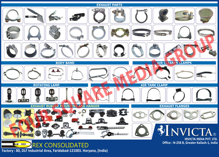 Automotive Exhaust Parts, Truck Exhaust Parts, Automotive Exhaust Gaskets, Automotive Rotating Lamps, Automotive Air Tank Clamps, Automotive Exhaust Flanges, Automotive Exhaust Rubber Mounting ,Automotive Hangers,Air Tank Clamp, Rotating Lamp