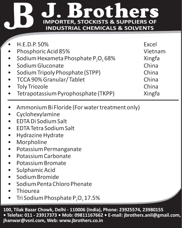 Industrial Chemicals, Industial Solvents, Phosphoric Acids, HEDP, Sodium Hexametaphosphate, Sodium Gluconate, Sodium Tripolyphosphate, TCCA Granular, TCCA Tablets, Tolyltriazole, Tetrapotassium Pyrophosphate, Ammonium Bifluoride, Cyclohexylamine, EDTA Disodium Salts, EDTA Tetra Sodium Salts, Hydrazine Hydrate, Morpholines, Potassium Permanganate, Potassium Carbonates, Sulphamic Acid, Sodium Bromide, Sodium Penta Chloro Phenate, Thiourea, Tri Sodium Phosphate