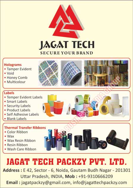 Holograms, Tamper Evident Holograms, Void Holograms, Honey Comb Holograms, Multi Color Holograms, Labels, Temper Evident Labels, Smart Labels, Security Labels, Product Labels, Self Adhesive Labels, Blank Labels, Thermal Transfer Ribbons, Color Ribbons, Wax Ribbons, Wax Resin Ribbons, Resin Ribbons, Wash Care Ribbons