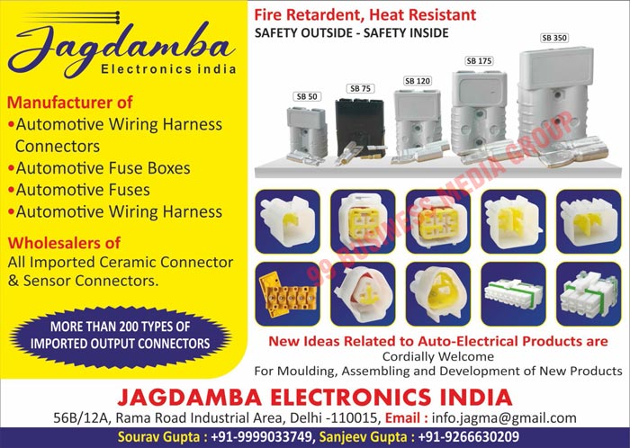 Head Light Holders, Automotive Fuse Boxes, Automotive Couplers, Automotive Connectors, Automotive Terminals, Automotive Wiring Harness Connectors, Automotive Electrical Parts, Electric Rickshaw Charging Sockets, Automotive Fuses, Automotive Wiring Harness, Ceramic Connectors, Sensor Connectors, Output Connectors, Electric Rickshaw Junction Boxes, Electric Rickshaw Inline Fuse Holder Mini Type, Electric Rickshaw Inline Fuse Holder Maruti Type, Fuse Box JCBs, Fuse Box Eicher Centers, Fuse Box APE, Fuse Box TATA ACE, Electric Rickshaw Chargings, Fuse Box 6 Poles, Headlight Wirings, Fire Retardents, Heat Resistants