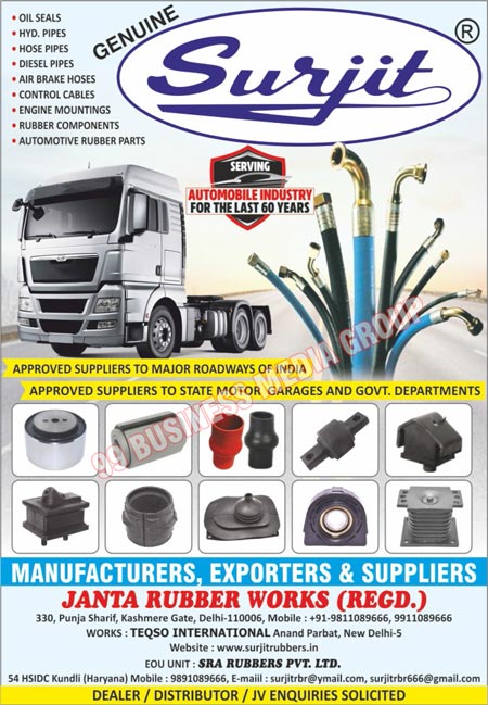 Auto Rubber Parts, Automotive Rubber Parts, Accelerator Pipes, Hydraulic Pipes, Diesel Pipes, Air Brake Hoses, Control Cables, Engine Mountings, Rubber Components, Oil Seals