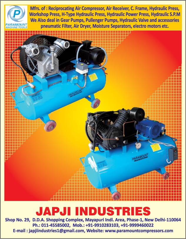 Reciprocating Air Compressors, Air Receivers, C Frame, Hydraulic Presses, Workshop Presses, H Type Hydraulic Presses, Hydraulic Power Presses, Hydraulic SPM, Hydraulic Special Purpose Machines, Gear Pumps, Hydraulic Valves, Hydraulic Accessories, Pneumatic Filters, Air Dryers, Moisture Separators, Electro Motors,Air Compressors