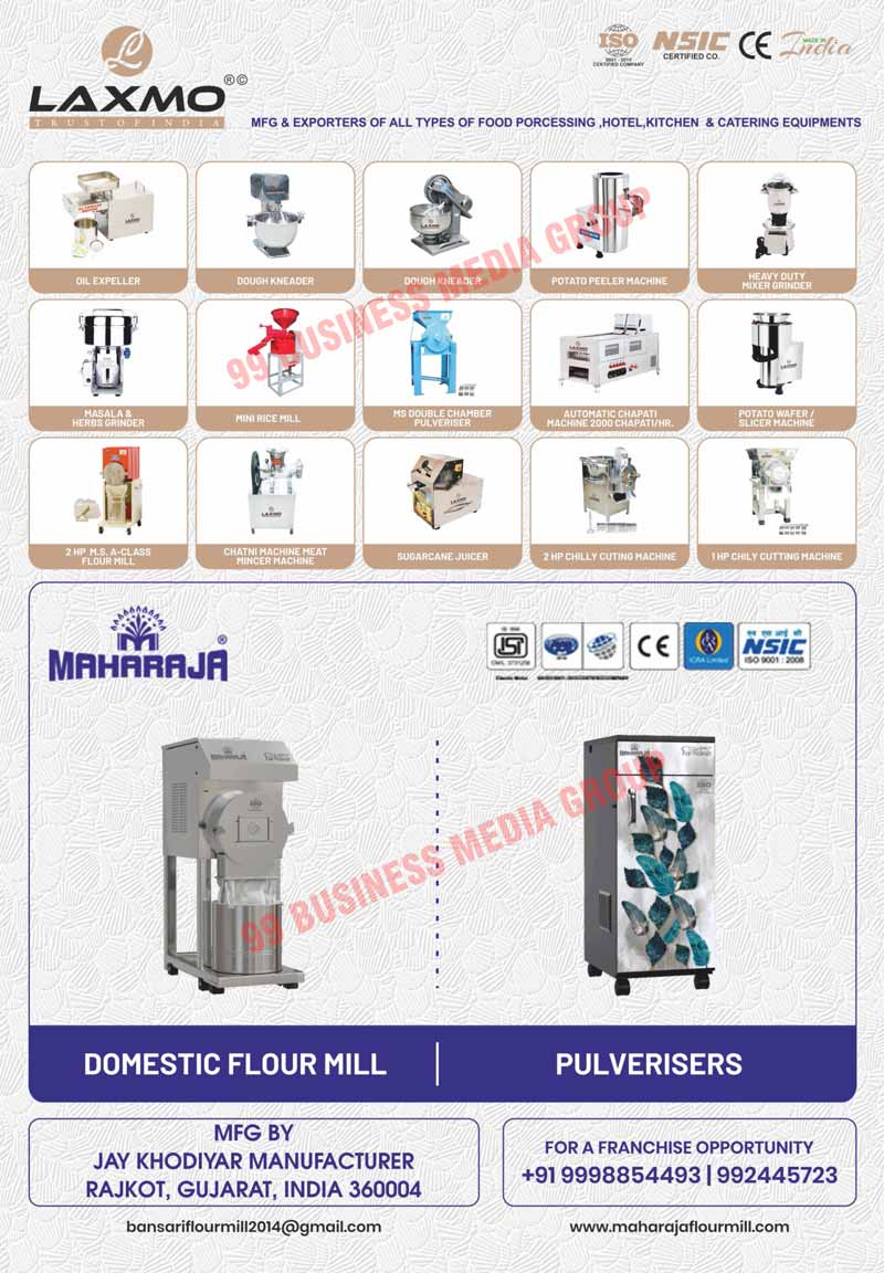 Stoneless Flour Mill Machines, Atta Mill Machines, Atta Chakki Machines, Pulverizers, Domestic Flour Mill Machines, Domestic Atta Chakki Machines, Pulverizer Machines, Gravy Machines, Sugarcane Machines, Mini Oil Mills, Table Top Flour Mills, Rice Mills, Flour Mills, Vacuum Prime Machines, Food Processing Equipments, Hotel Equipments, Kitchen Equipments, Catering Equipments, Oil Expellers, Dough Kneaders, Potato Peeler Machines, Heavy Duty Mixer Grinders, Masala Grinders, Herbs Grinders, Mini Rice Mill Machines, MS Double Chamber Pulverisers, Automatic Chapati Machines, Potato Wafer Machines, Potato Slicer Machines, MS Flour Machines, Chatni Machines, Meat Mincer Machines, Sugarcane Juicers, Chilly Cutting Machines