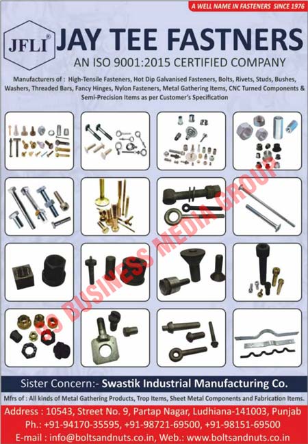 High-Tensile Fasteners, Hot Dip Galvanized Fasteners, Bolts, Rivets, Studs, Bushes, Washers, Threaded Bars, Fancy Hinges, Nylon Fasteners, Metal Gathering Items, CNC Turned Components, Metal Gathering Products, Trop Items, Steel Metal Components, Fabrication Items, Semi Precision Items