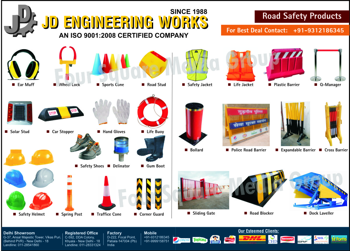 Trolleys, Barriers, Signage, Road Safety Products, Ear Muff, Wheel Locks, Sport Cone, Road Studs, Solar Studs, Car Stopper, Hand Gloves, Life Buoy, Safety Shoes, Delinator, Gum Boots, Safety Helmets, Spring Post, Traffic Cone, Corner Guard, Safety Jackets, Life Jackets, Plastic Barrier, Q Manager, Bollard, Police Road Barrier, Expandable Barrier, Cross Barrier, Sliding Gate, Road Blocker, Dock Leveller, Safety Products