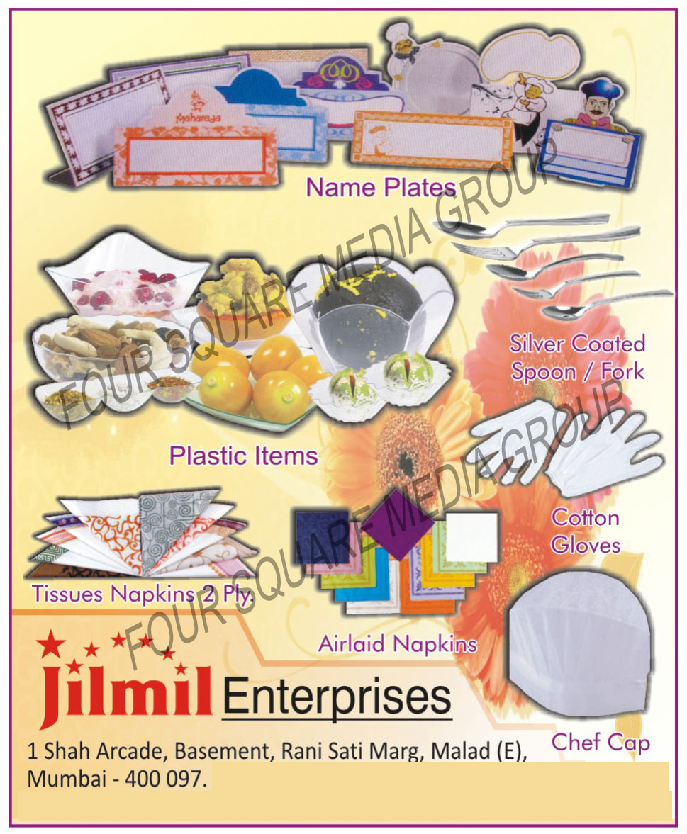 Name Plates, Silver Coated Spoon, Silver Coated Fork, Plastic Items, Tissues Napkins, Airlaid Napkins, Chef Cap, Cotton Gloves