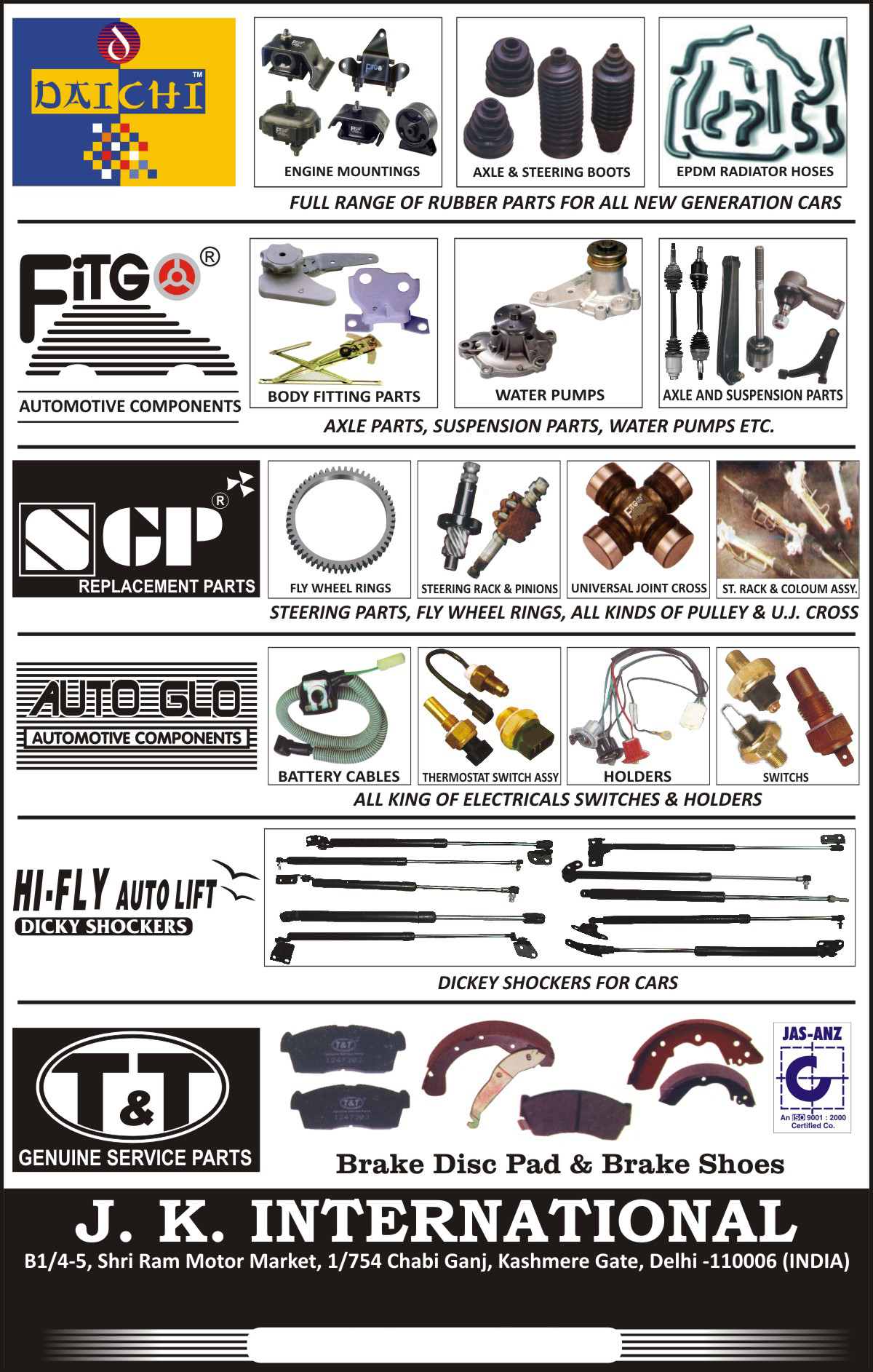 Engine Mountings, Axle Boots, Steering Boots, EPDM Radiator Hoses, Automotive Components, Body Fitting Parts, Water Pumps, Axle Parts, Suspension Parts, Car Rubber Parts, Fly Wheel Rings, Steering Racks, Steering Pinions, UJ Cross, Steering Rack Assembly, Steering Column Assembly, Automotive Battery Cables, Steering Parts, Pulleys, UJ Cross, Thermostat Switch Assembly, Automotive Holders, Automotive Switches, Car Dicky Shockers, Brake Disc Pads, Brake Shoes,Automotive Spare Parts, Automotive Components, Replacement Parts, Disc Shockers