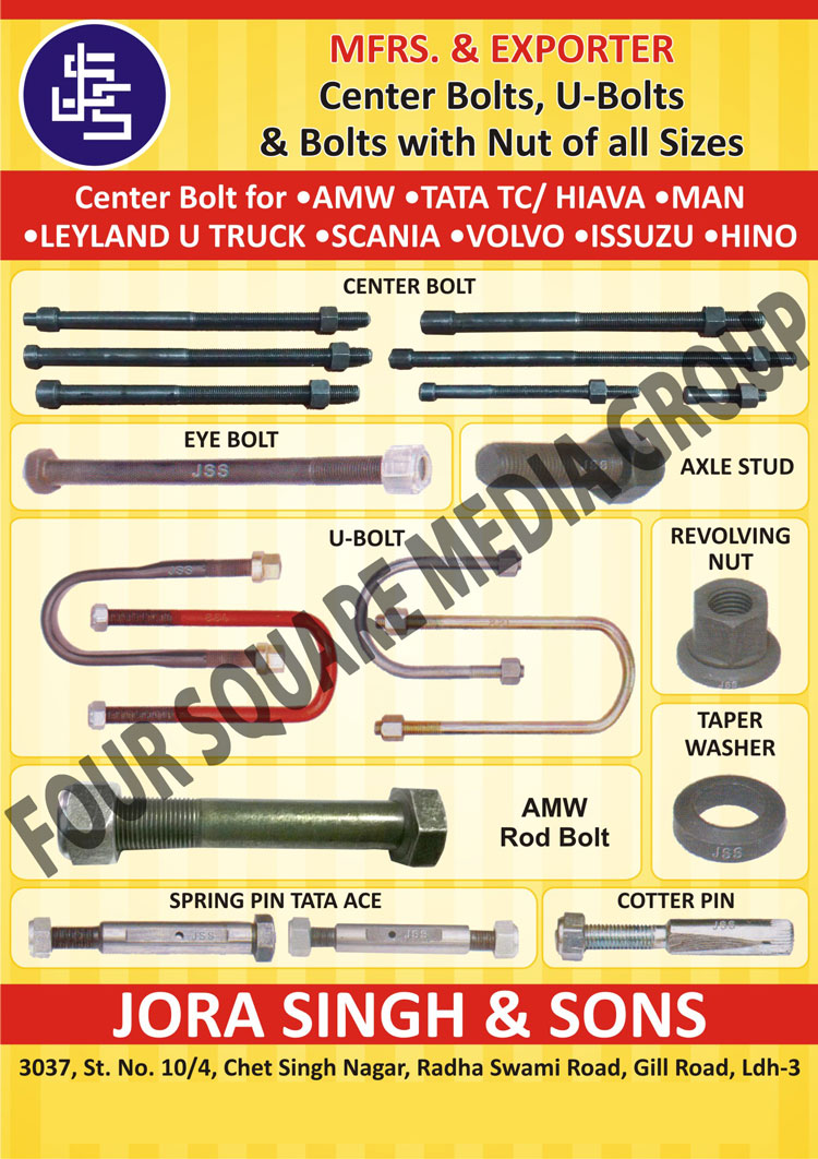 Automotive U Bolts, Automotive Revolving Nuts, Automotive Taper Washers, Automotive AMW Rod Bolts, Automotive Eye Bolts, Automotive Center Bolts, Truck Spring Pin, Automotive Cotter Pins, Automotive Axle Studs