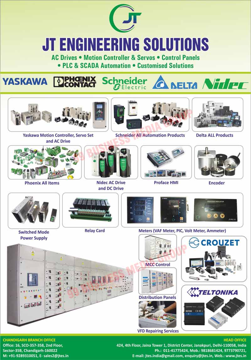 AC Drives, Motion Controllers, Motion Servos, Control Panels, PLC Automations, SCADA Automations, Servo Drives, Servo Motors, SCADA Systems, Encoder Products, Switched Mode Power Supplies, Soft Starters, Telemecanique Sensors, Industrial Robots, Relay Cards, MCC Controls, PCC Controls, Distribution Panels, Active Harmonic Filter Panels, VCB Panels, Servo Sets, Automation Products, DC Drives, Proface HMI, Motion Servos, Encoders, VAF Meters, PIC Meters, Volt Meters, Ammeter Meters, Solar VFD, VFD Repairing Services, PLC Meters