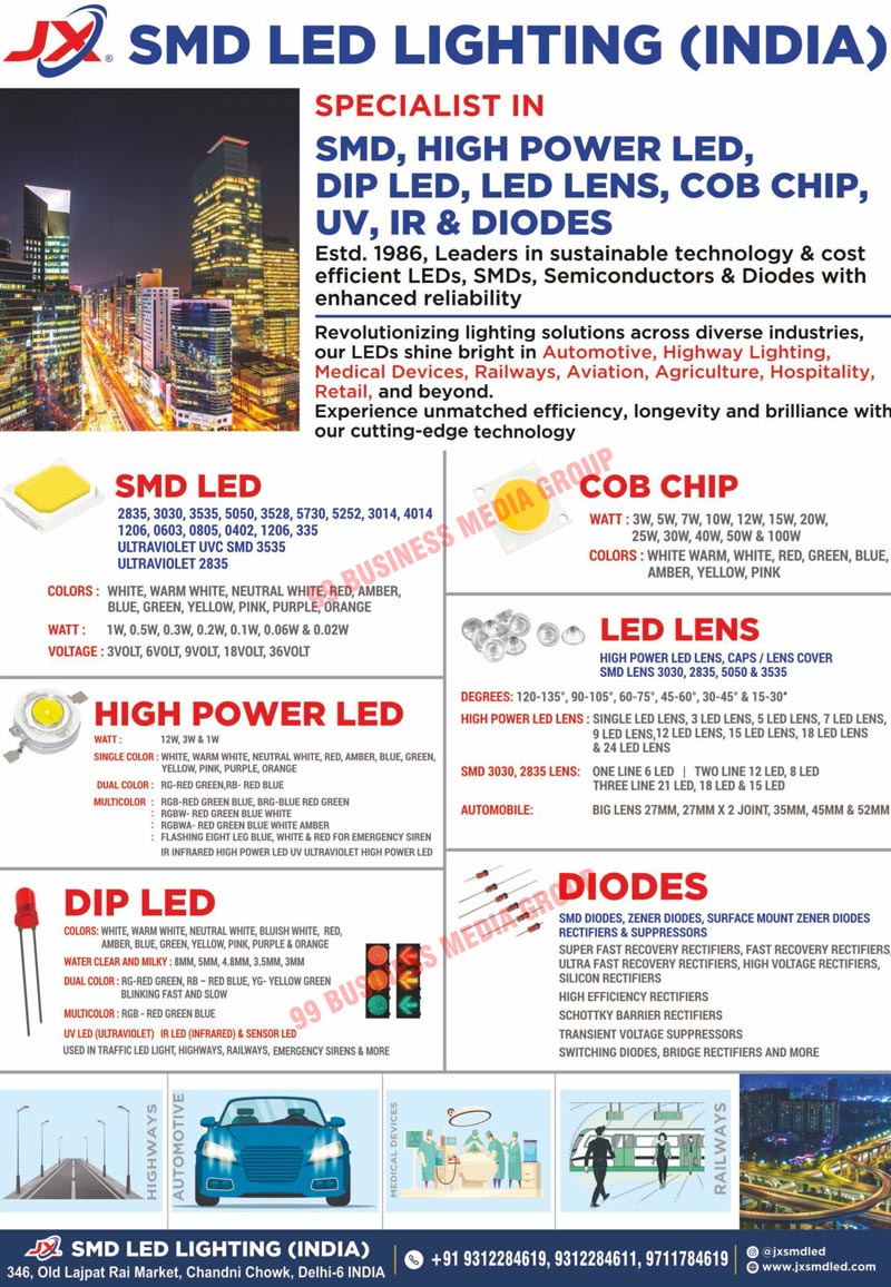 Single Colour SMD LEDs, RGB SMD LEDs, High Power LEDs, COB LEDs, DIP LEDs, Led Modules, Led Lens, Flexible Strip Leds, Led Strip Lights, Led Pixel Lights, Semiconductors, SMD PCB Without Drivers, SMD Printed Circuit Board Without Drivers, Power LEDs, SMPS, Led Drivers, Pixel LEDs, Power Supplies, Zener Diodes, Led Lights, Led Bulbs, Driver Chips, DOB Down Lights, DOB Flood Lights, DOB Bulbs, HV Cobs, Led Tube Drivers, RGB Led Controllers, Pixel Led Drivers, Copper PCB Gold Wires, Traffic Lights, Emergency Vehicles Lights, Fire Truck Sirens, Police Vehicles Sirens, Airport Signal-Directions Lights, Railway Signal Lights, Traffic Led Lights, High Power Led Lights, COB Chips, UVC Led Lights, Diodes, SMD LEDs