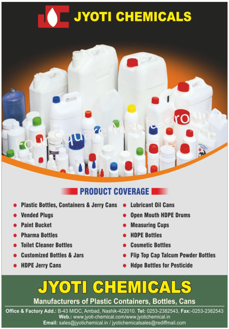 Plastic Bottles, Plastic Containers, Jerry Cans, Vended Plugs, Paint Buckets, Pharma Bottles, Toilet Cleaner Bottles, Customized Bottles, Customized Jars, HDPE Jerry Cans, Lubricant Oil Cans, Open Mouth HDPE Drums, Measuring Cups, HDPE Bottles, Cosmetic Bottles, Flip Top Cap Talcum Powder Bottles, Pesticide HDPE Bottles