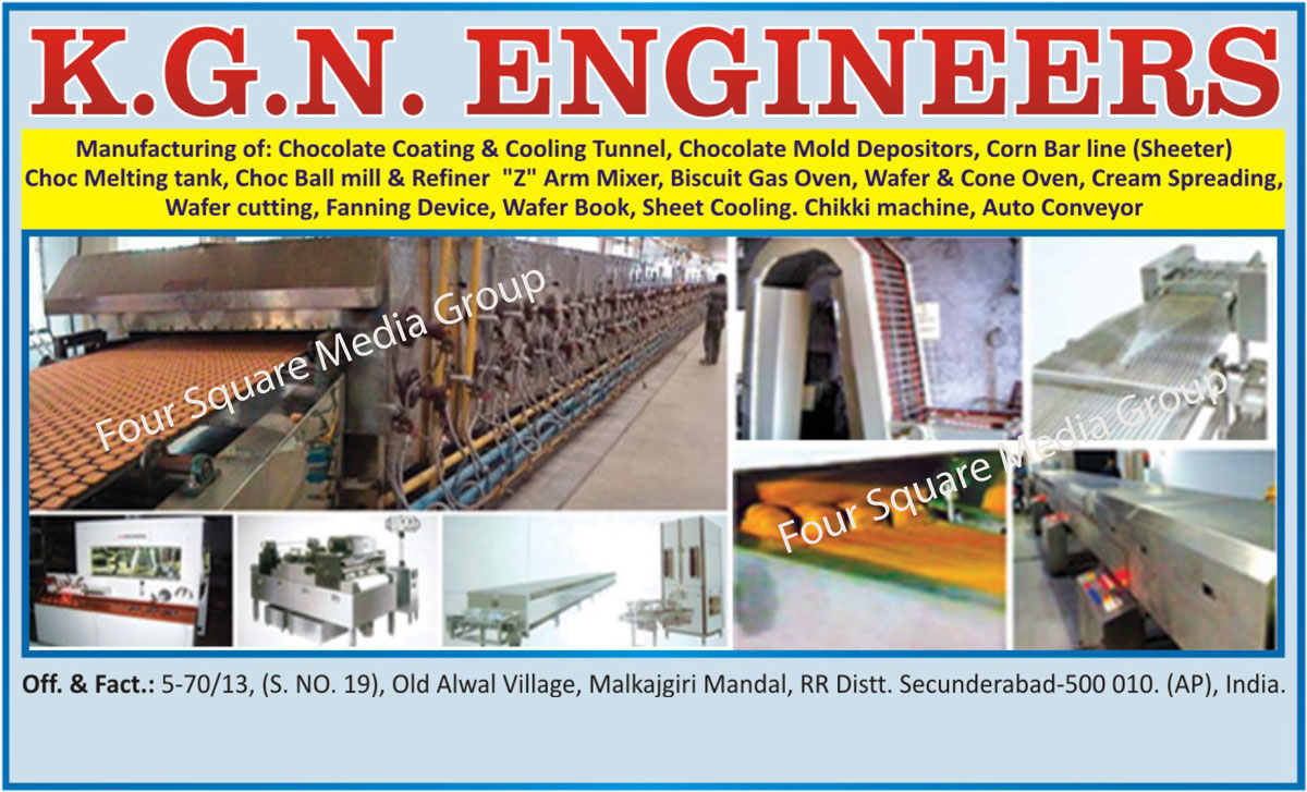 Chocolate Coating Tunnels, Chocolate Cooling Tunnels, Chocolate Mold Depositors, Sheeter Corn Bar Line Choc Melting Tanks, Choc Ball Mill Z Arm Mixers, Choc Ball Refiner Z Arm Mixers, Biscuit Gas Ovens, Wafer Ovens, Cone Ovens, Cream Spreadings, Wafer Cutting, Fanning Device, Wafer Books, Sheet Cooling, Chikki Machines, Auto Conveyor