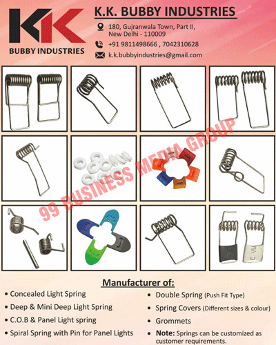 Led Light Components, Grommets, Springs, Spring Covers, Reflectors, Lens, Concealed Light Springs, Deep Light Springs, Mini Deep Light Springs, Panel Light Spiral With Pins, Push Fit Type Double Springs, Different Size Spring Covers, Colour Spring Covers, COB Light Springs, Panel Light Springs, Panel Light Spiral Springs With Pin