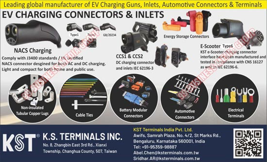 Electrical Terminals, Automotive Connectors, Electric Vehicle Charging Connectors, Electric Vehicle Charging Inlets, DC Charging Connectors, DC Charging Inlets, Electric Scooter Charging Connectors, Battery Modular Connectors, Cable Ties, Non Insulated Tubular Copper Lugs, EV Charging Guns, EV Charging Inlets, Automotive Terminals, EV Charging Connectors